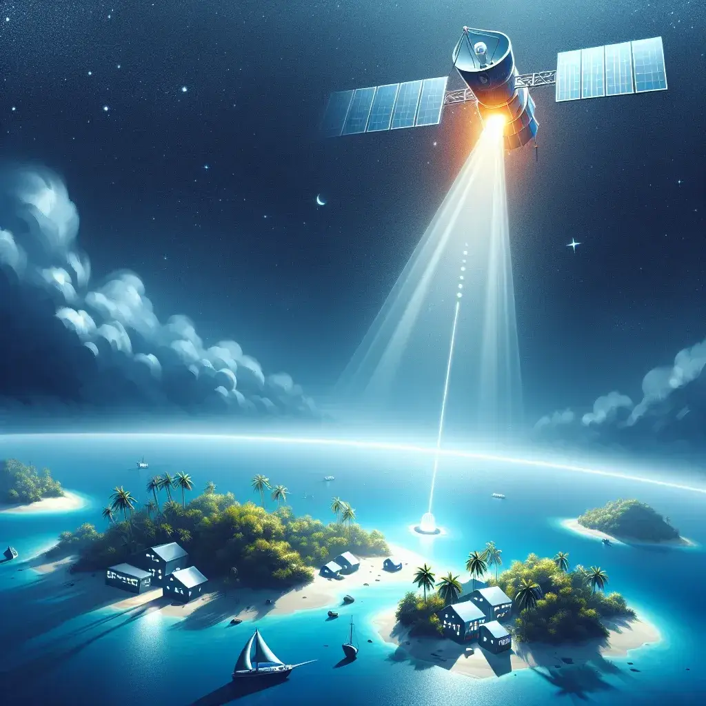 "Image of a satellite transmitting educational broadcasts to remote islands, illustrating the impact of PSN satellites on improving access to education in Indonesia's outermost regions."