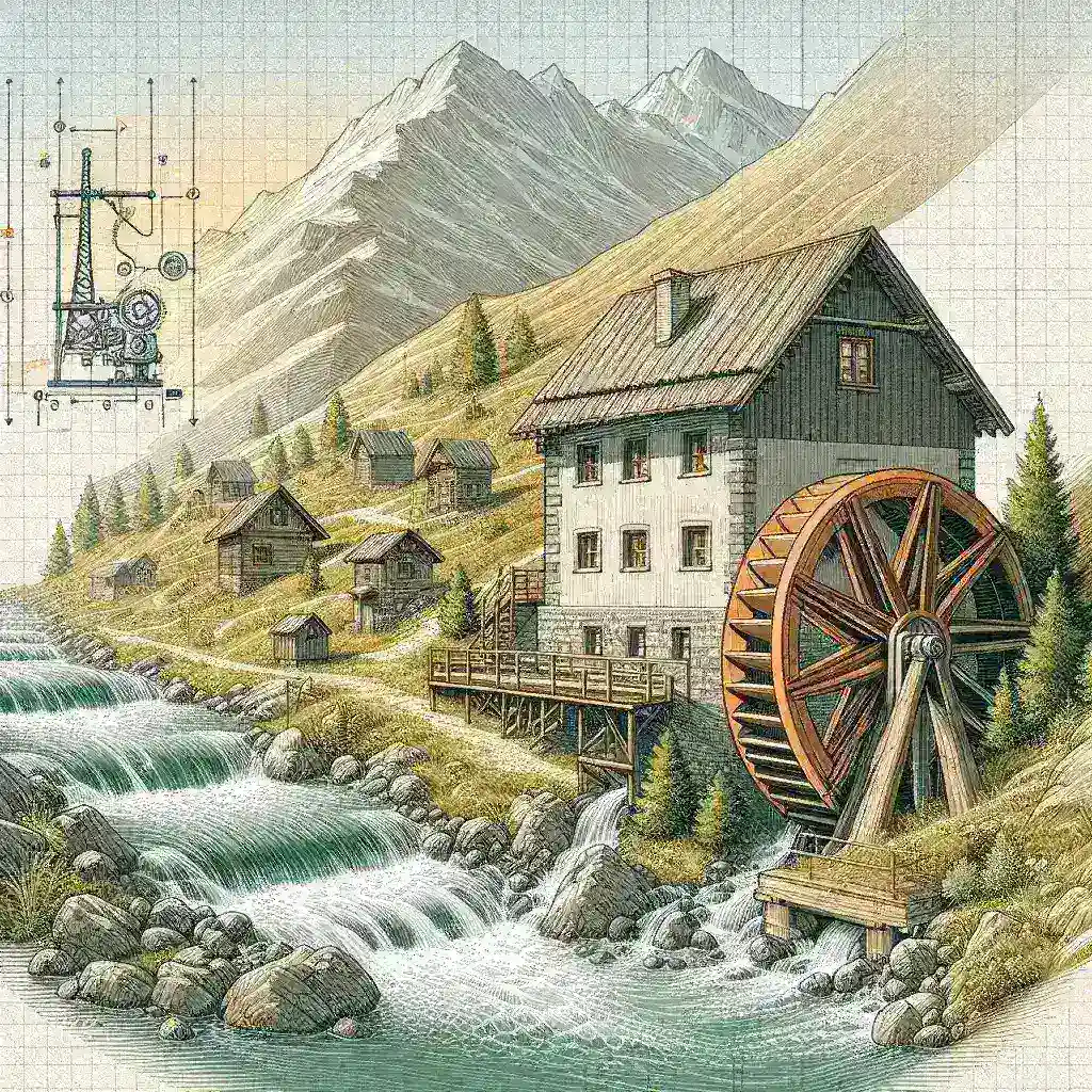 "Diagram of a micro-hydro power generation system designed for remote mountain villages, illustrating the components and processes involved in harnessing renewable energy from flowing water."